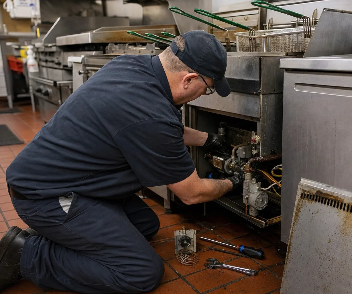 Technician servicing a commercial fryer and range line