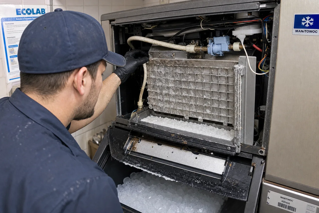Technician servicing a commercial ice machine