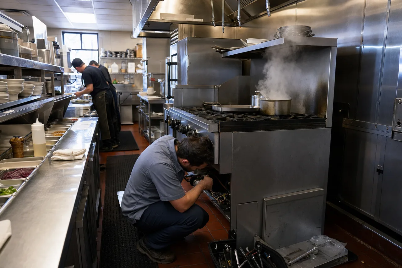 A stainless commercial kitchen line up close