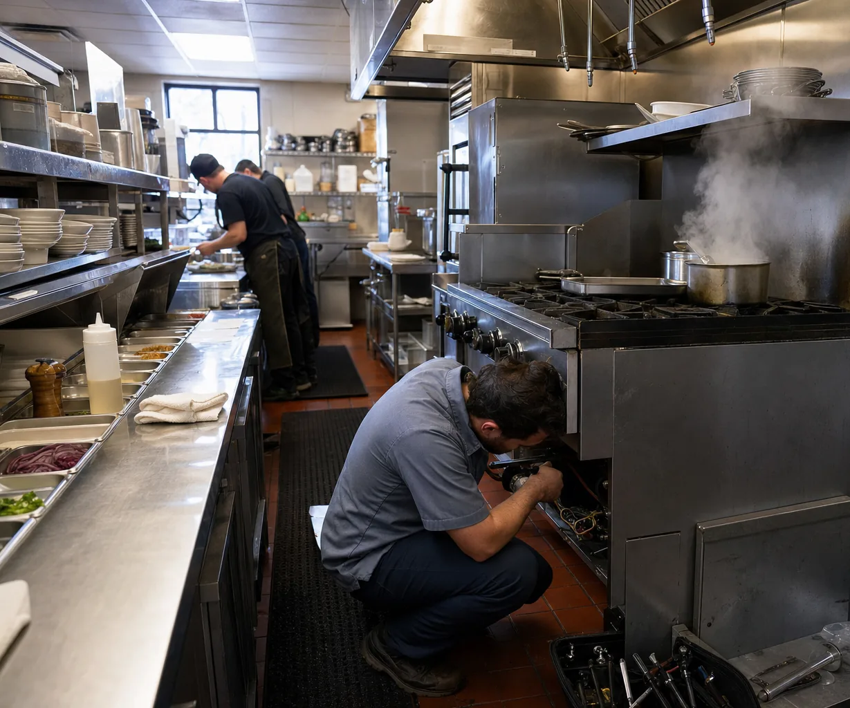 A stainless commercial kitchen line on a same-day service call