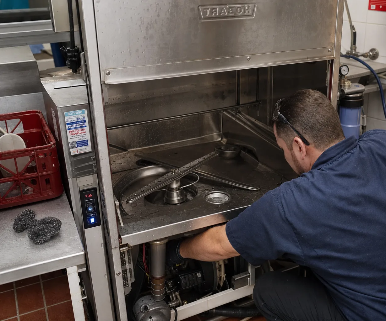Technician servicing a commercial dish machine mid-repair
