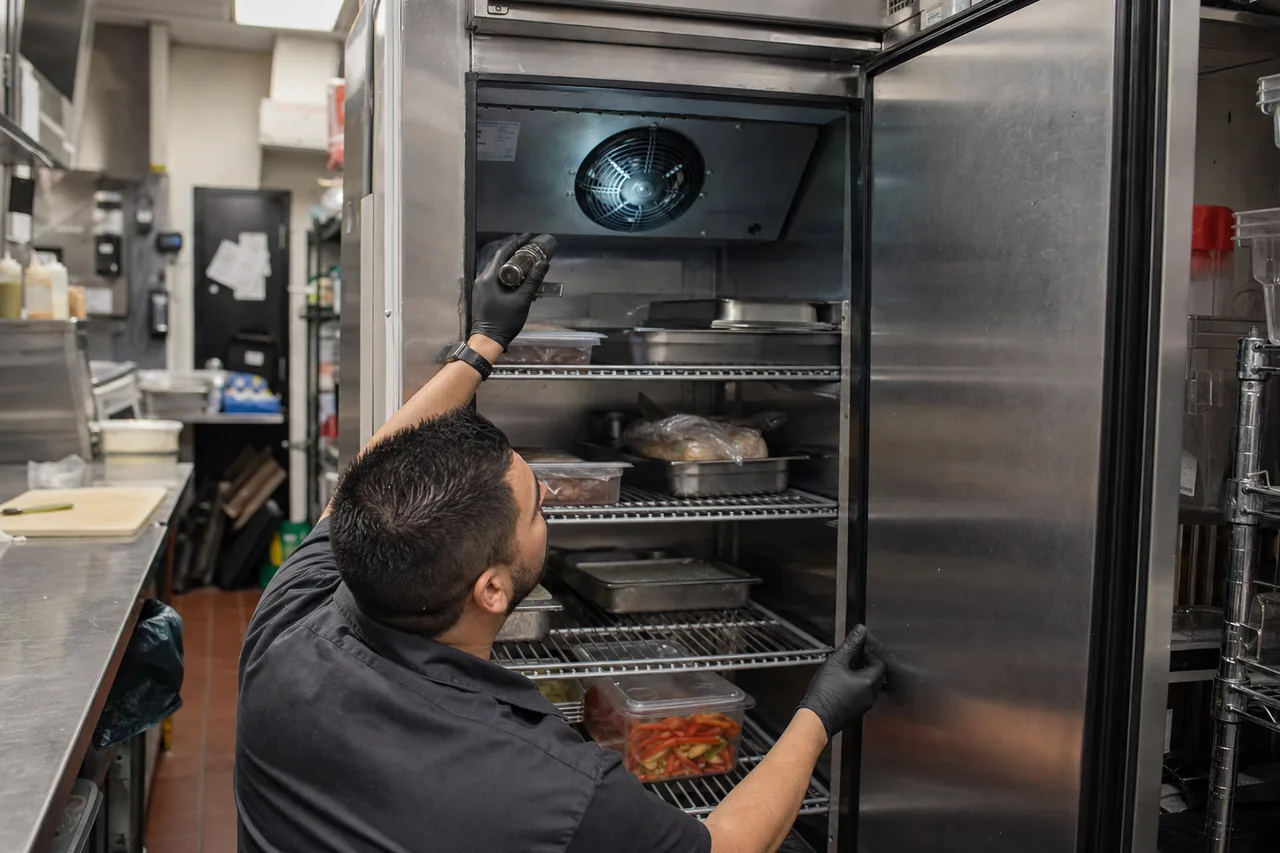 Technician servicing a commercial reach-in refrigerator in a New Rochelle commercial kitchen