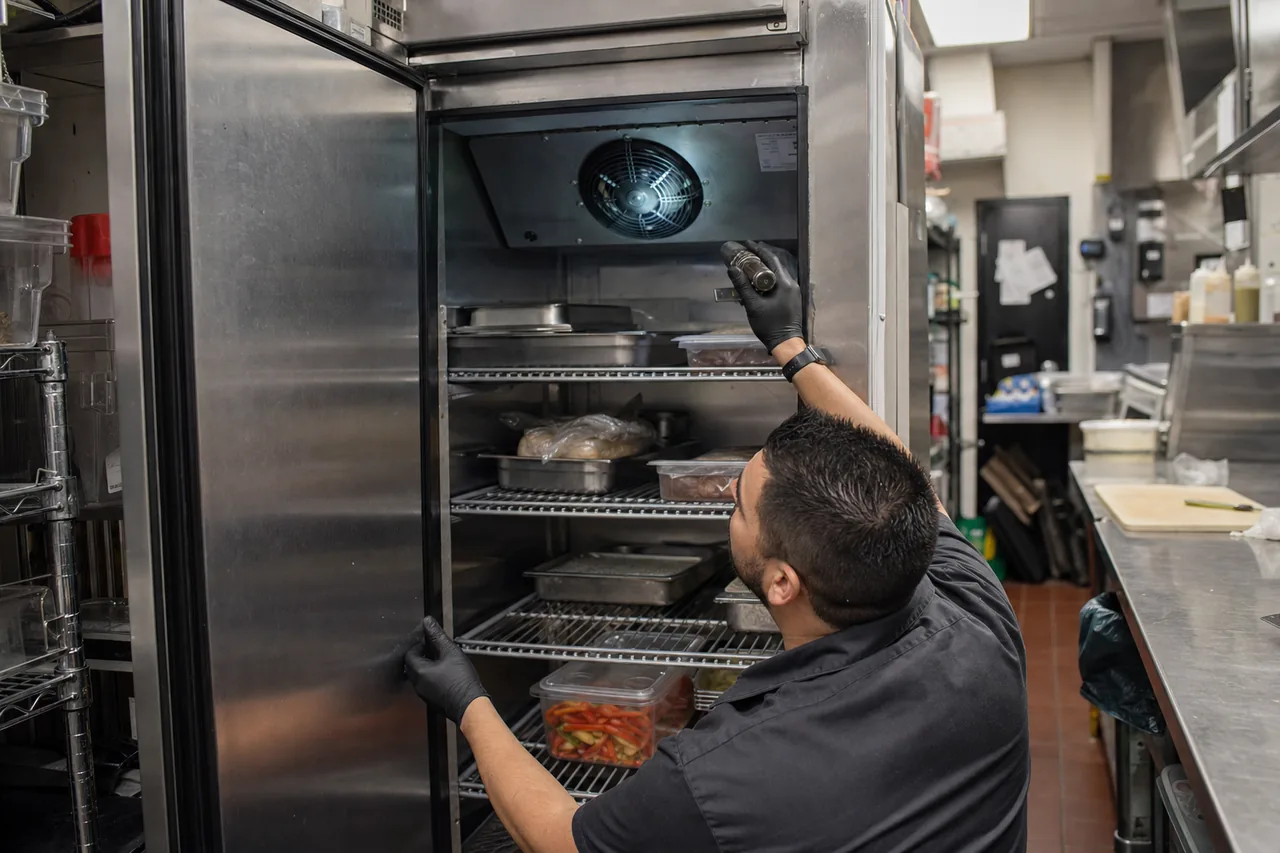 Technician servicing a commercial reach-in refrigerator up close