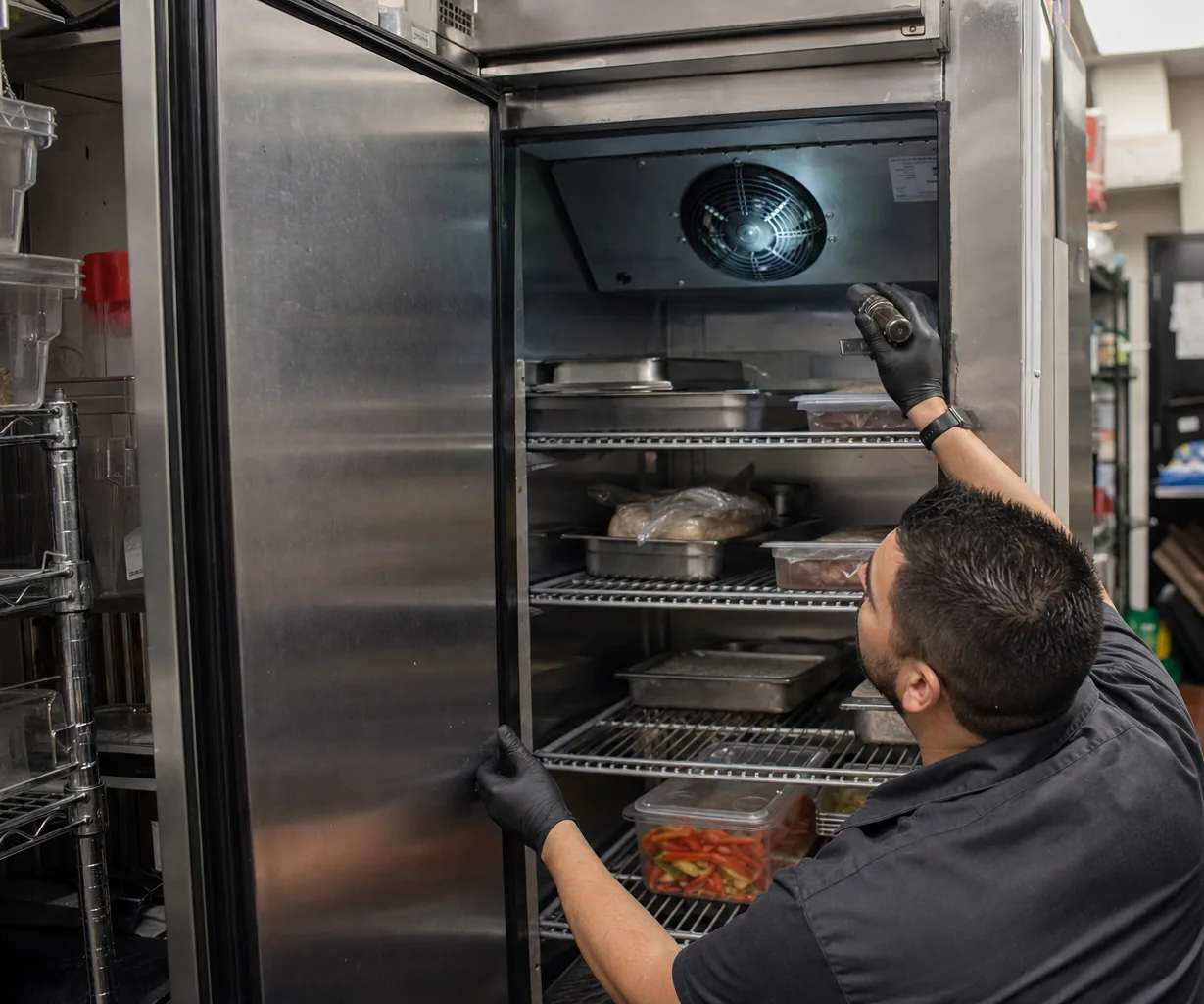 Technician servicing a commercial reach-in refrigerator mid-repair